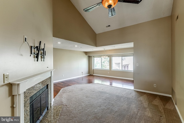 510 Chanticleer, Cherry Hill, NJ 08003 - unfurnished living room with a ceiling fan, baseboards, a premium fireplace, dark wood-style flooring, and high vaulted ceiling