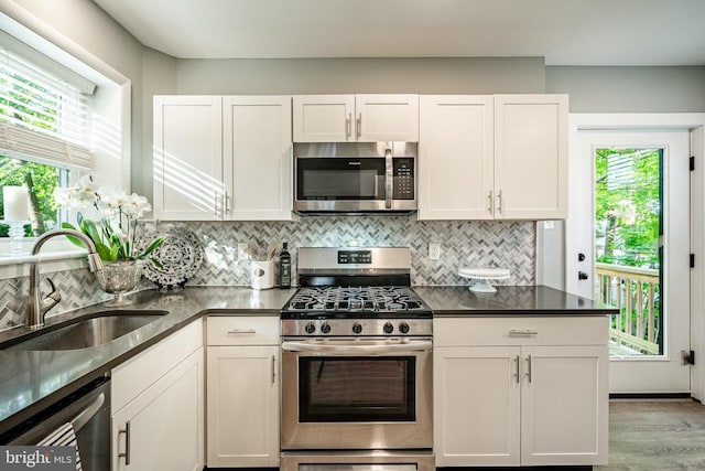 kitchen with stainless steel appliances, a sink, plenty of natural light, and tasteful backsplash