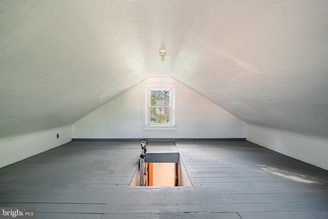 additional living space featuring vaulted ceiling and a textured ceiling