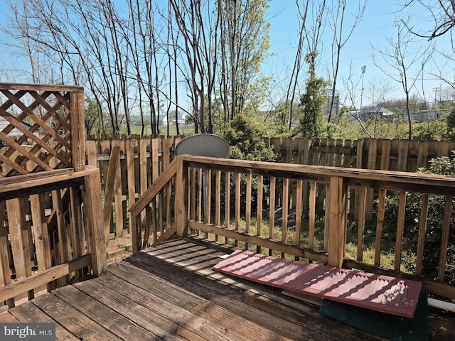 wooden terrace with a fenced backyard