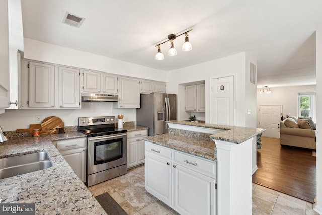 14724 Flower Hill Dr, Centreville, VA 20120 - kitchen with a center island, under cabinet range hood, visible vents, a sink, and appliances with stainless steel finishes