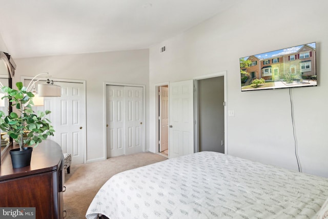 14724 Flower Hill Dr, Centreville, VA 20120 - bedroom with baseboards, visible vents, two closets, high vaulted ceiling, and carpet floors