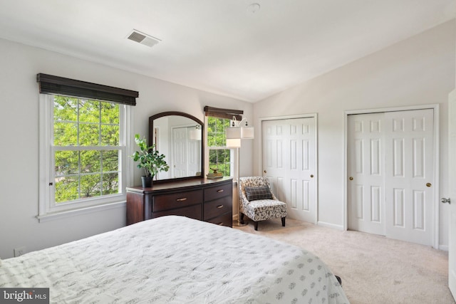 14724 Flower Hill Dr, Centreville, VA 20120 - bedroom featuring multiple closets, visible vents, carpet floors, and vaulted ceiling