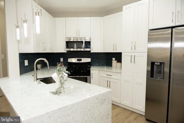 kitchen with white cabinets, stainless steel appliances, a peninsula, a sink, and backsplash