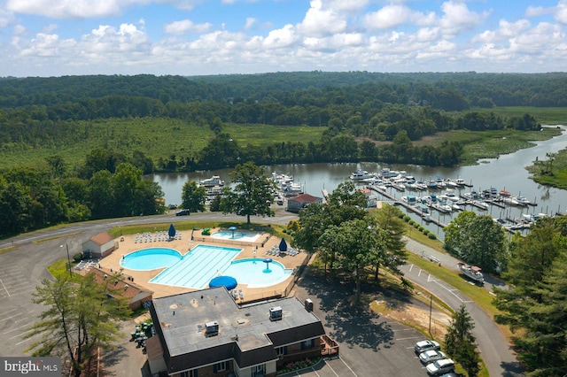 202 Stern Cv, Stafford, VA 22554 - drone / aerial view of a forest, a large body of water, numerous boat docks, and a pool area