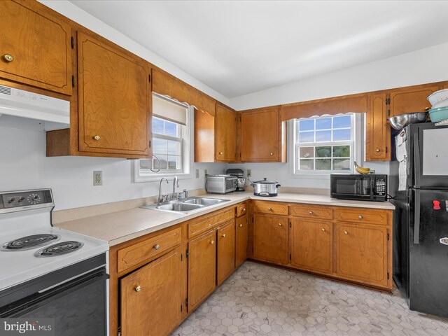 kitchen with a sink, a healthy amount of sunlight, light countertops, black appliances, and range hood