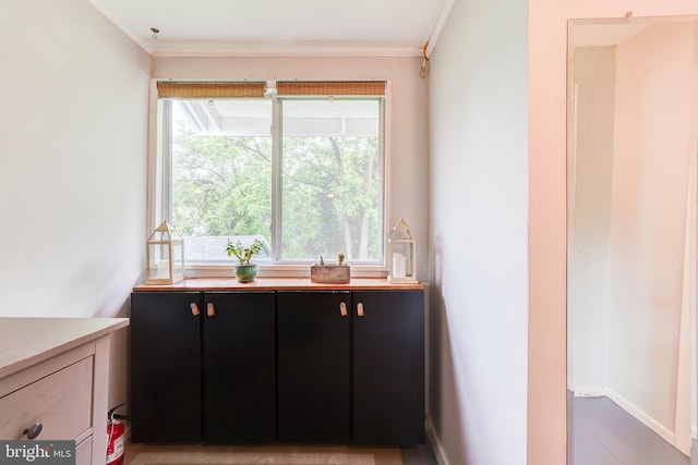bathroom featuring baseboards, ornamental molding, and vanity