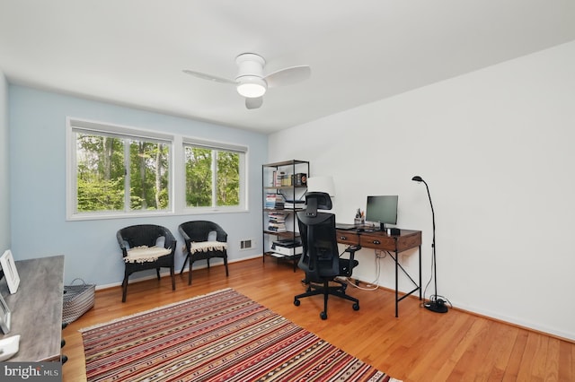 office featuring a ceiling fan and wood finished floors
