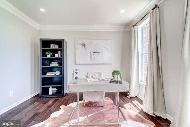 office space featuring crown molding, recessed lighting, dark wood-style flooring, and baseboards