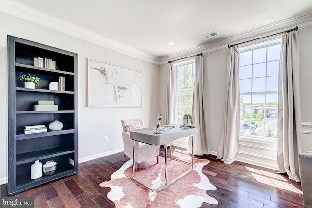 office area with baseboards, visible vents, ornamental molding, and dark wood-type flooring