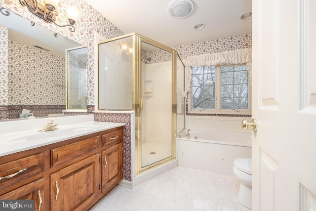full bath featuring toilet, wallpapered walls, a shower stall, a garden tub, and vanity