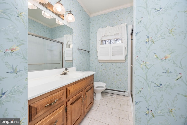 bathroom featuring wallpapered walls, tile patterned floors, vanity, crown molding, and baseboard heating