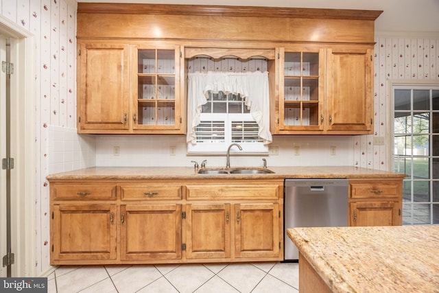 kitchen featuring backsplash, wallpapered walls, dishwasher, and a sink