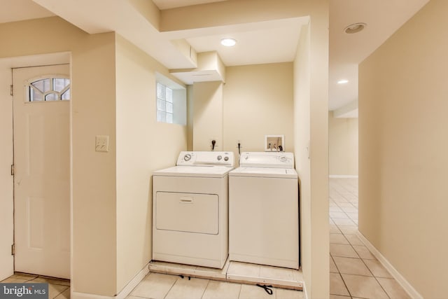 washroom with laundry area, light tile patterned floors, baseboards, separate washer and dryer, and recessed lighting