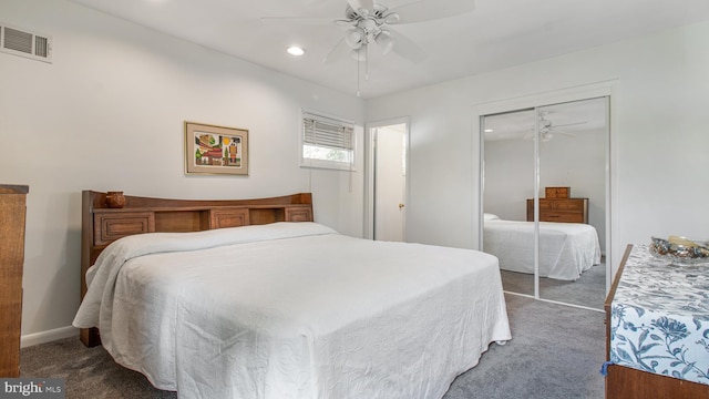 bedroom with visible vents, a closet, recessed lighting, a ceiling fan, and carpet