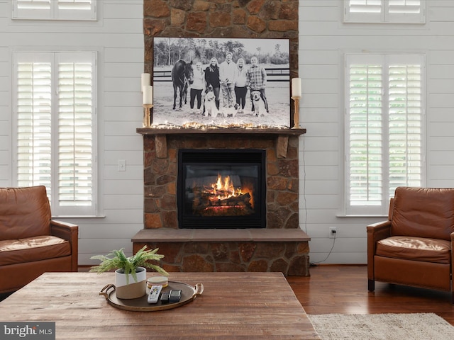 living area with wood walls, a stone fireplace, wood finished floors, and plenty of natural light