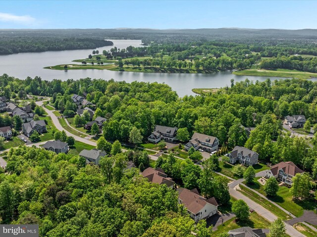 bird's eye view featuring a water view, a view of trees, and a residential view