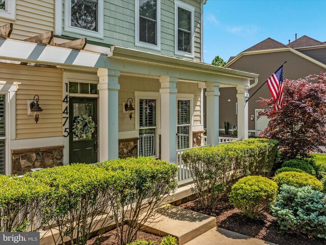entrance to property featuring a porch and stone siding