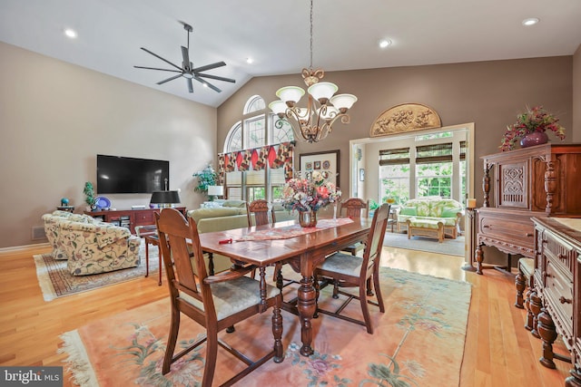 12 Citation Ln, Manalapan, NJ 07726 - dining area featuring light wood-style flooring, ceiling fan, a chandelier, recessed lighting, and high vaulted ceiling