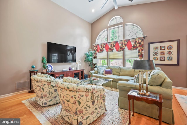 12 Citation Ln, Manalapan, NJ 07726 - living area with a ceiling fan, wood finished floors, high vaulted ceiling, baseboards, and recessed lighting