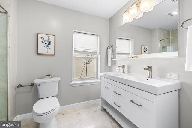 full bath featuring toilet, vanity, a shower with door, marble finish floor, and baseboards
