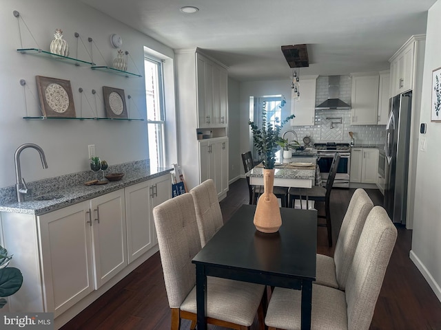 dining space with dark wood-type flooring, a wealth of natural light, baseboards, and recessed lighting