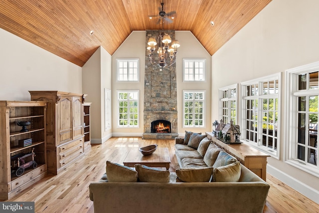 living area featuring a fireplace, a chandelier, high vaulted ceiling, and wood ceiling