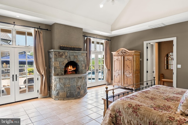 tiled bedroom with lofted ceiling, french doors, recessed lighting, visible vents, and access to outside