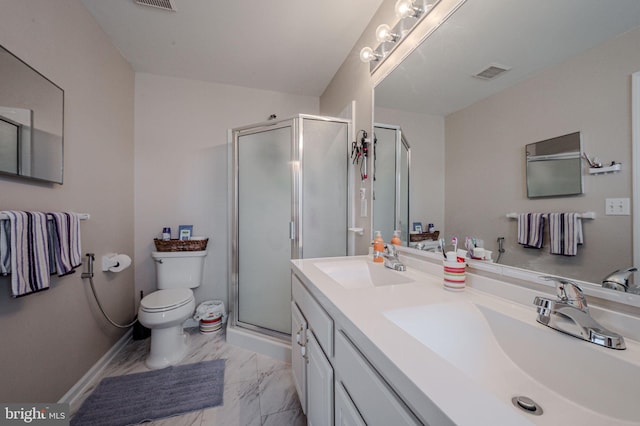 full bathroom with visible vents, marble finish floor, toilet, and a sink