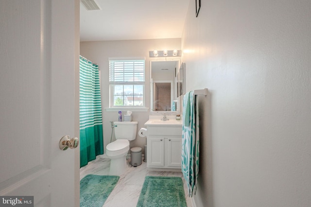 full bath featuring marble finish floor, visible vents, toilet, vanity, and a shower with curtain