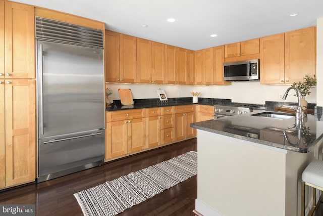 kitchen featuring dark stone countertops, a sink, a peninsula, appliances with stainless steel finishes, and dark wood-type flooring