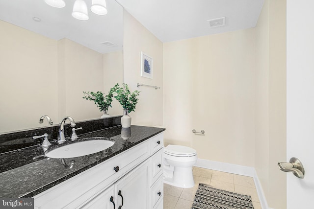 bathroom with tile patterned floors, visible vents, toilet, vanity, and baseboards