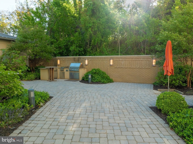 view of patio / terrace featuring fence, grilling area, and exterior kitchen