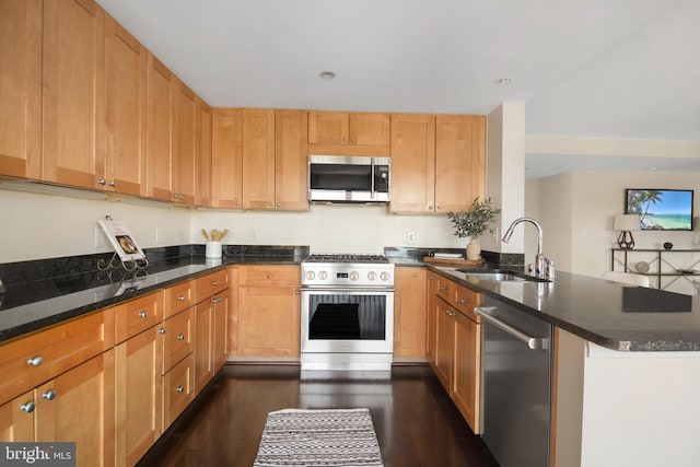 kitchen with dark wood-style flooring, dark stone countertops, a sink, a peninsula, and appliances with stainless steel finishes