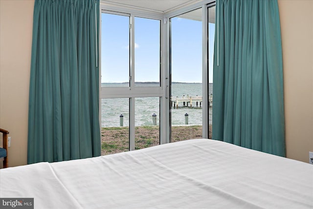 bedroom featuring a water view