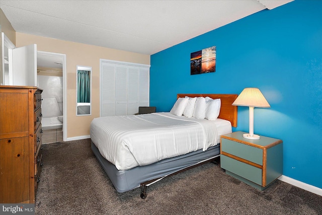 bedroom with carpet, a closet, and baseboards