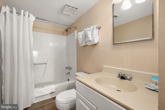 bathroom with visible vents, toilet, shower / bath combination with curtain, vanity, and tile patterned flooring