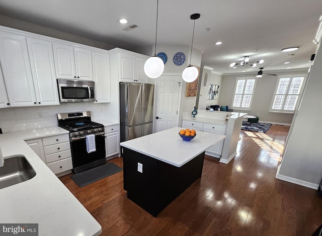 1317 Lowman St, Baltimore, MD 21230 - kitchen with a peninsula, stainless steel appliances, light countertops, visible vents, and open floor plan