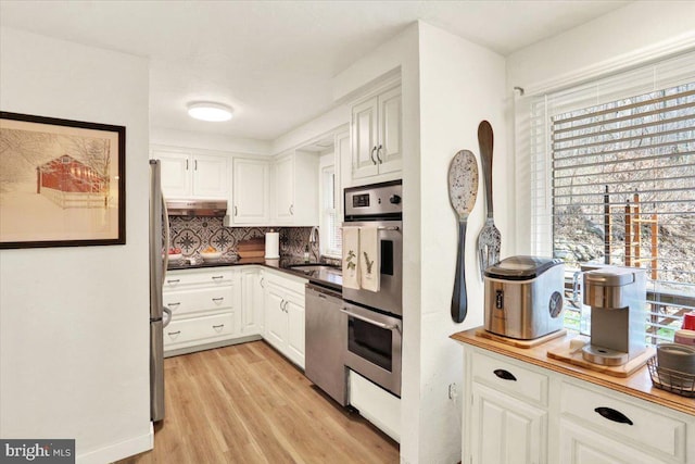 kitchen featuring a wealth of natural light, stainless steel appliances, light wood finished floors, and a sink