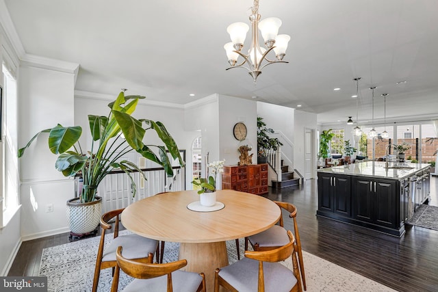 dining area featuring stairway, dark wood-style flooring, a chandelier, recessed lighting, and baseboards