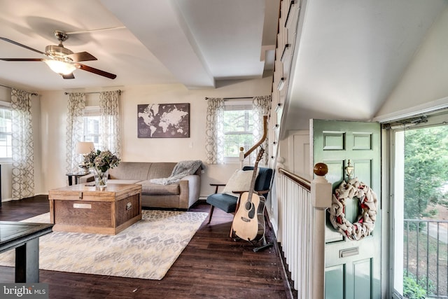 1608 Preston Rd, Alexandria, VA 22302 - living room with dark wood-style flooring, a ceiling fan, and baseboards