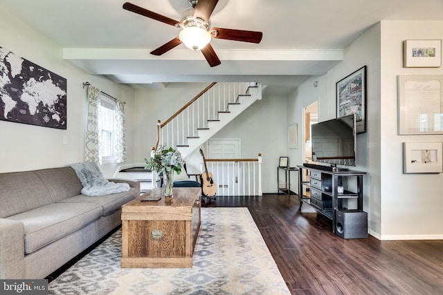 1608 Preston Rd, Alexandria, VA 22302 - living area featuring beamed ceiling, baseboards, ceiling fan, and dark wood finished floors
