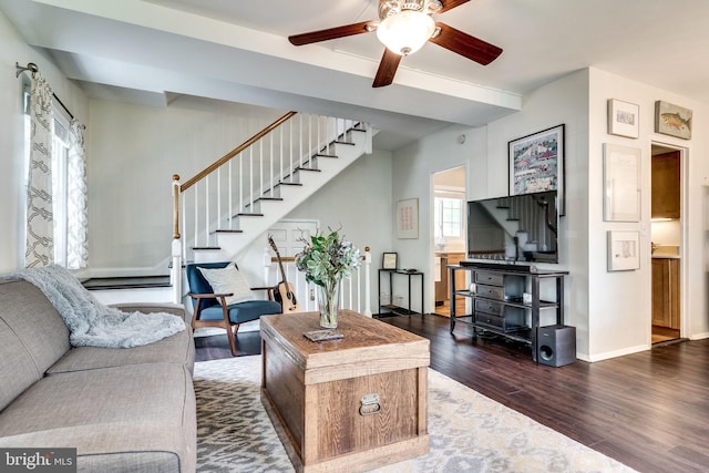 1608 Preston Rd, Alexandria, VA 22302 - living area featuring dark wood-type flooring, baseboards, a ceiling fan, and stairs