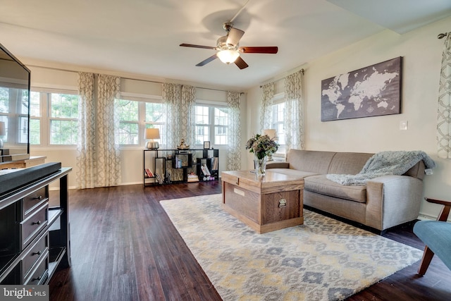 1608 Preston Rd, Alexandria, VA 22302 - living area featuring dark wood finished floors, baseboards, and ceiling fan