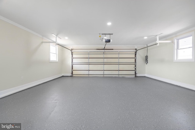 garage with recessed lighting, electric panel, baseboards, and a garage door opener