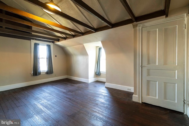610 Washington Ln, Jenkintown, PA 19046 - additional living space with baseboards, vaulted ceiling with beams, and dark wood-style floors