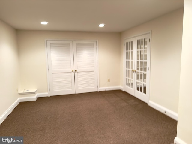 11258 Wildmeadows St, Waldorf, MD 20601 - unfurnished bedroom featuring dark carpet, recessed lighting, baseboards, a closet, and french doors