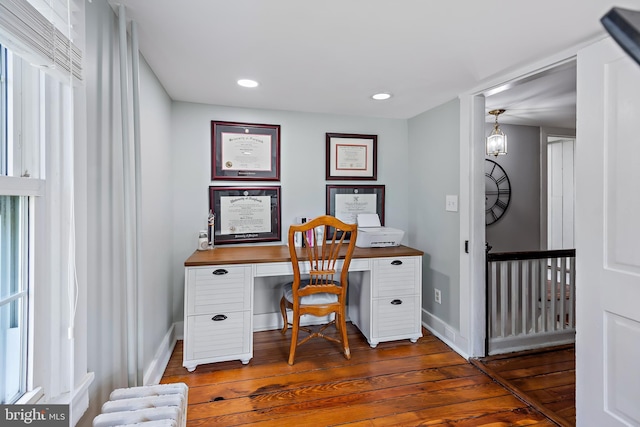office space with dark wood-style flooring, baseboards, and recessed lighting