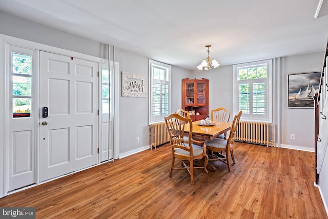 dining room with baseboards, light wood-style flooring, and radiator