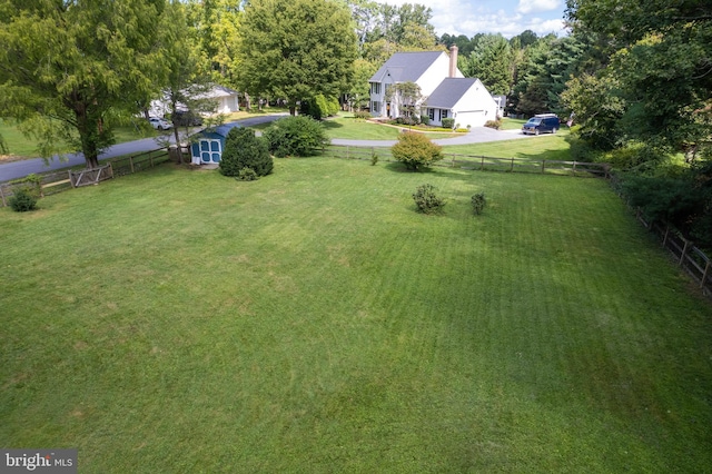 view of yard with a fenced backyard and an outdoor structure